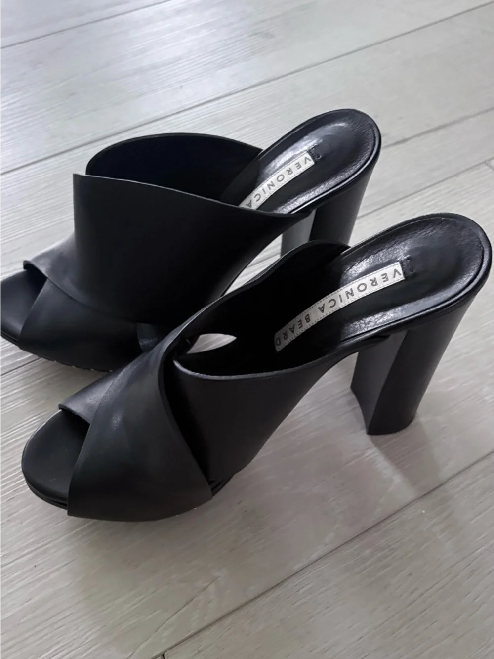 Veronica Black Leather Crossover Mule Heels - Picture 2 of 8